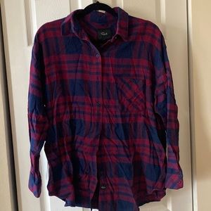 Blue and red plaid flannel, button up, soft cotton!